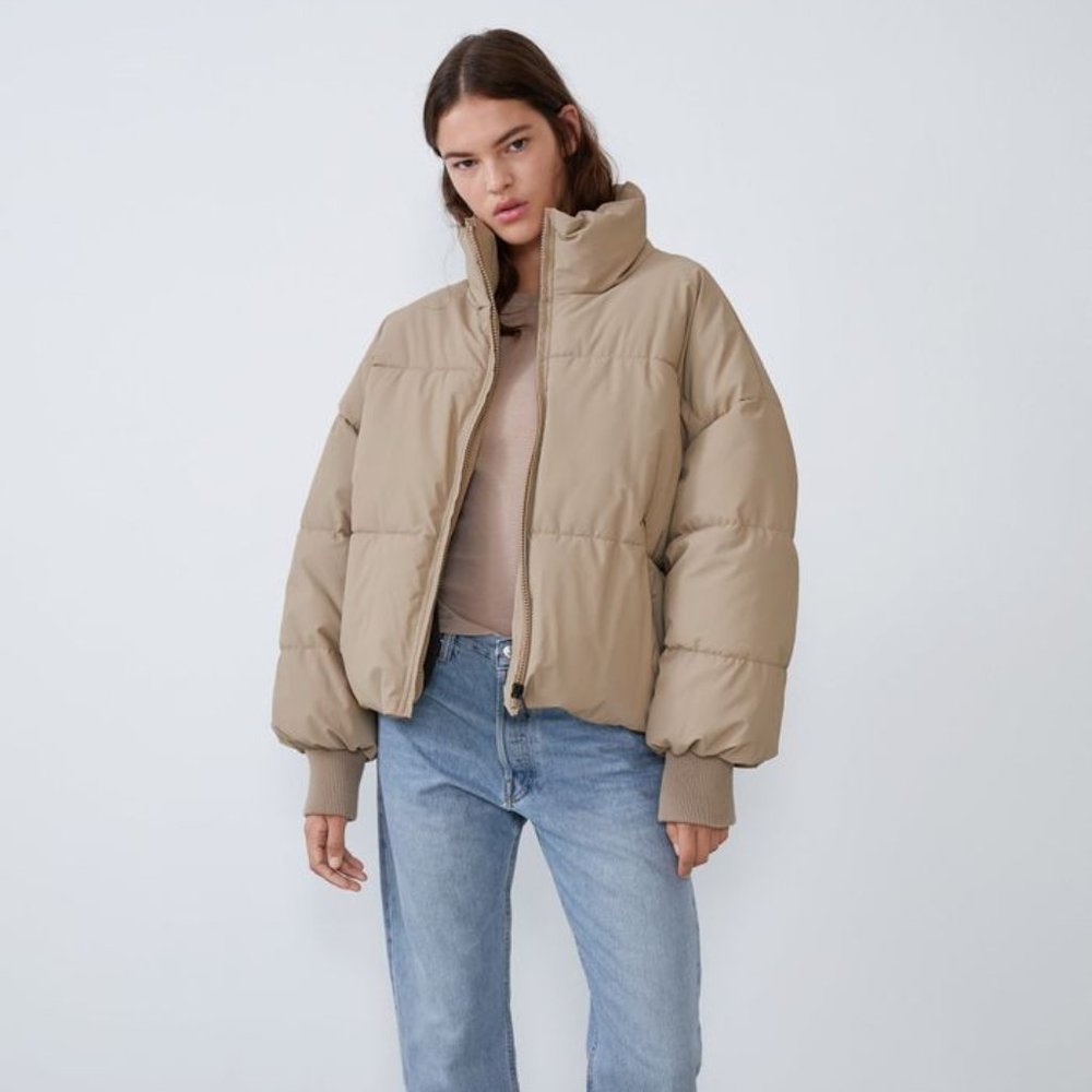 Zara trendy tan puffer jacket